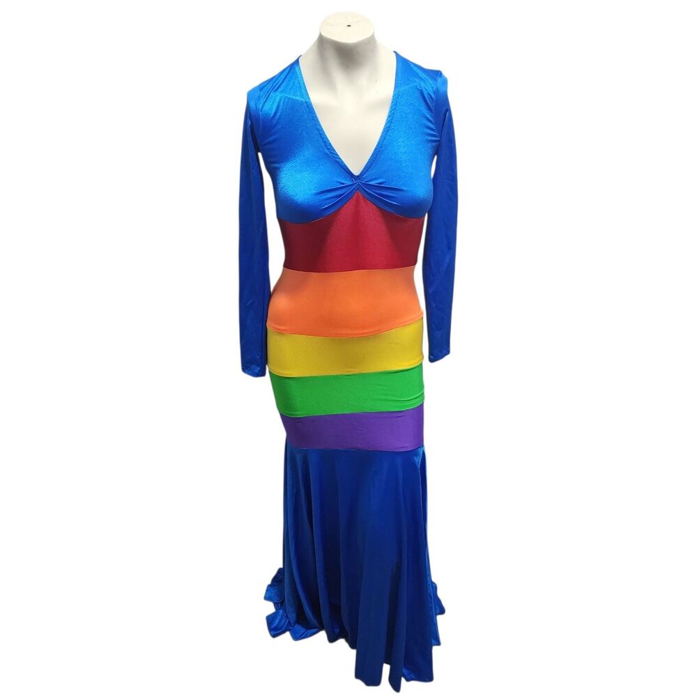 Rainbow Colorblock Maxi Dress Long Sleeve Blue V-Neck Mermaid Hem Drag Pride